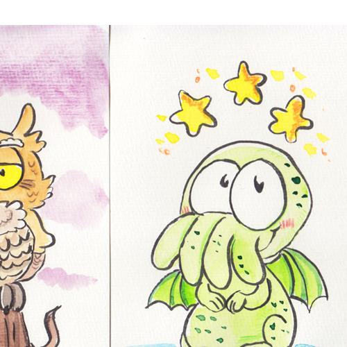Aquarelle Watercolors Eule Cthulhu CoC Lovecraft analog