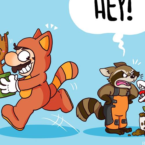 Pflanzentausch Super Mario Waschbaer Fanart Nintendo Marvel Rocket Raccoon Groot Piranha Plant