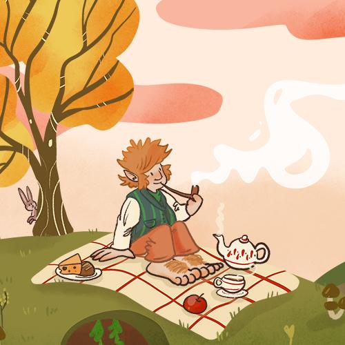 Daniela Schreiter Hobbit Day Tolkien autumn fall Herbst fanart LOTR halfling cozy art illustration cottage core